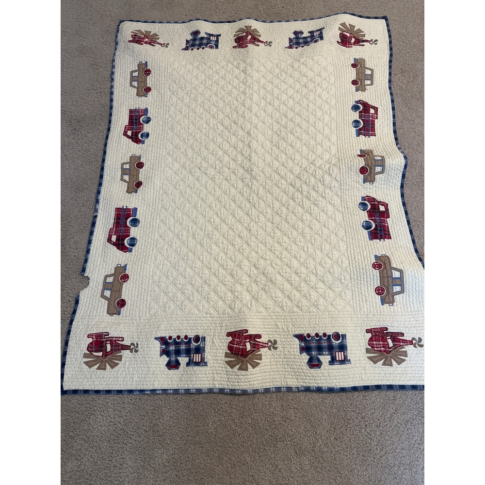 Bacati Collections Transportation Baby Quilt Blue Red Plaid Trains Cars Cream